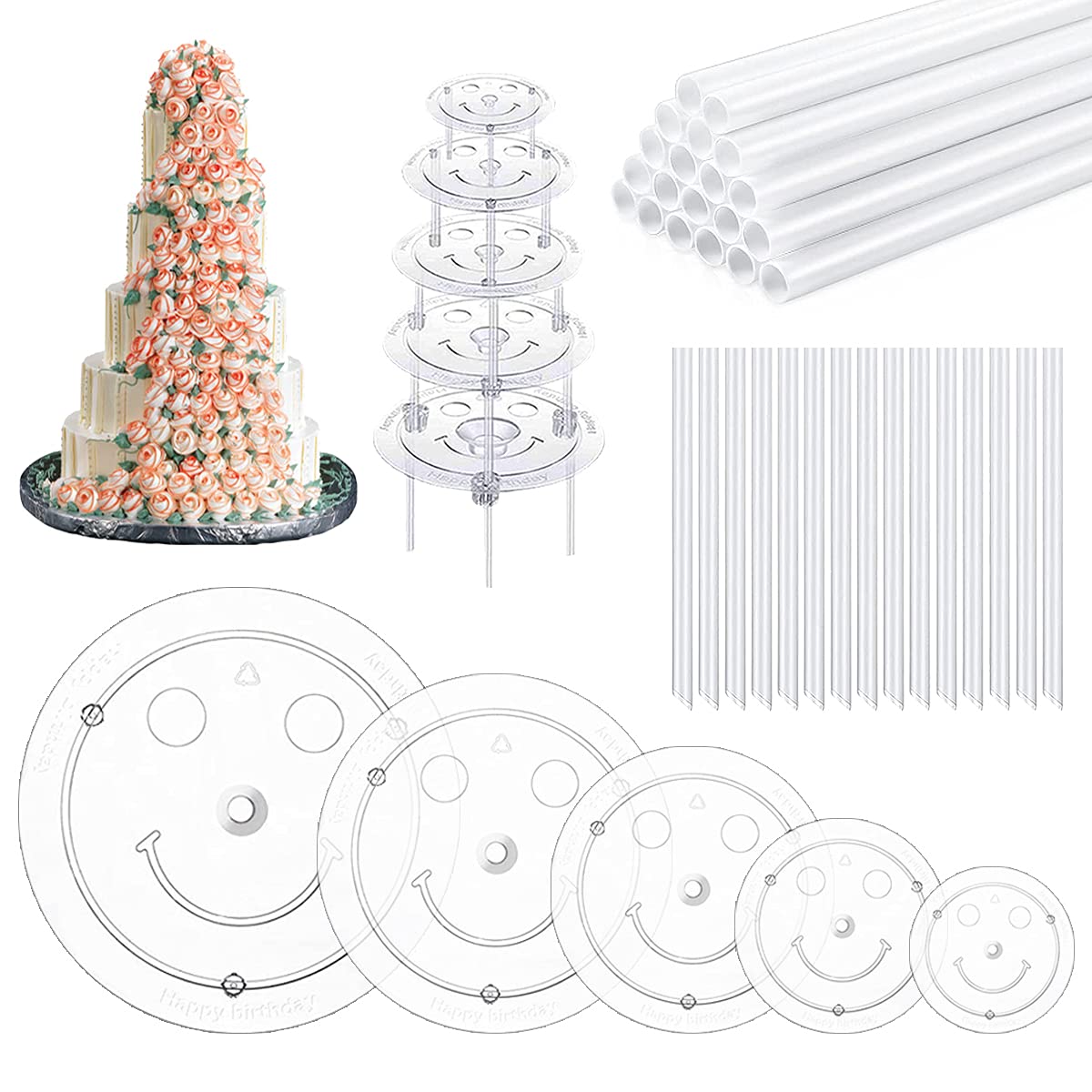 40 Pieces Plastic Cake Dowel Rods Set for Tiered Cakes, 20 White Cake Sticks Support Rods, 5 Cake Separator Plates for 4, 6, 8, 10, 12 Inch Cakes, 15 Clear Cake Stacking Dowels, Reusable