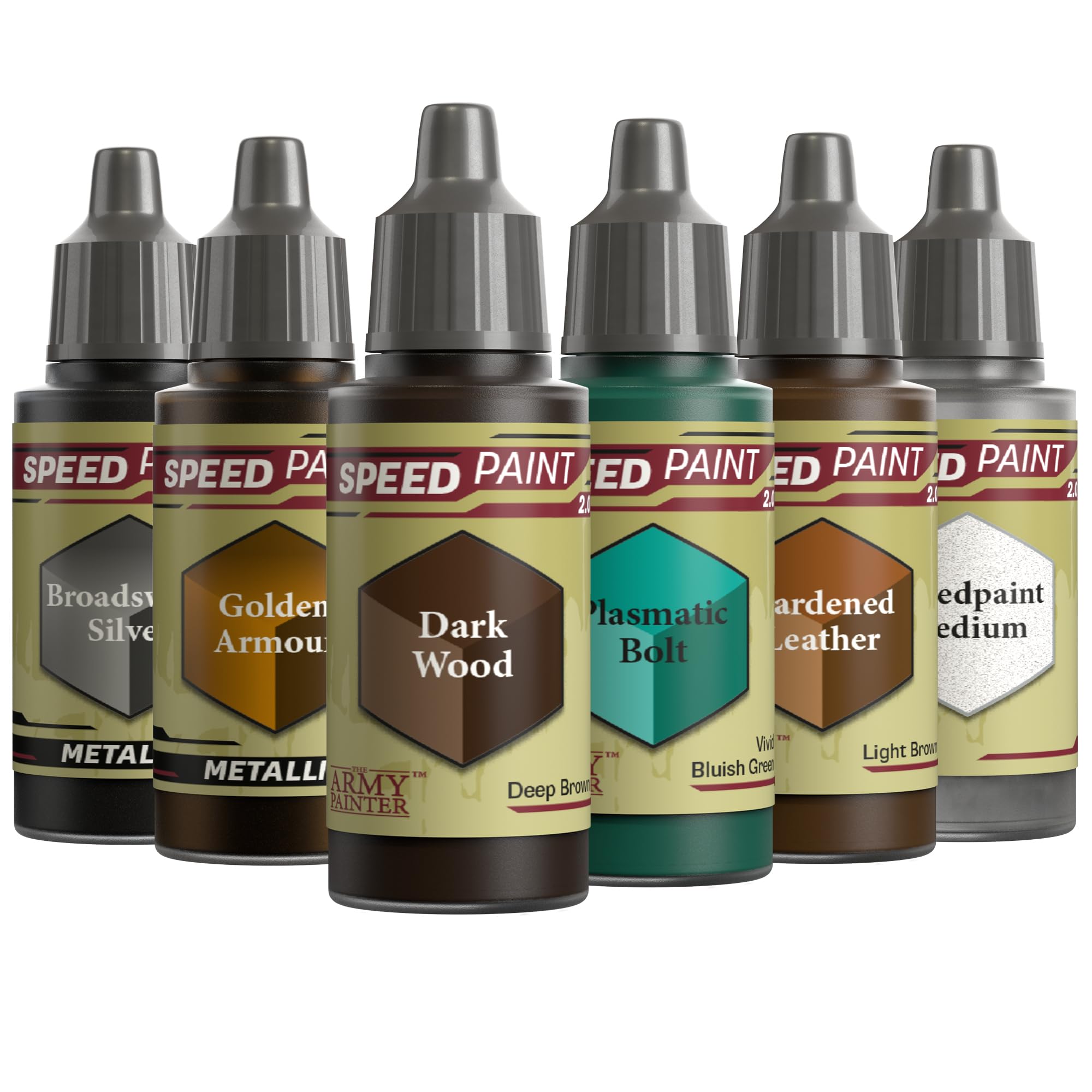 The Army Painter, Speedpaint 2.0 Wargaming Colours Bundle, 6 x 18 ml Acrylic Paints with Silver, Gold, Brown, Green & Medium - Miniature Paint for D&D & Warhammer Miniatures