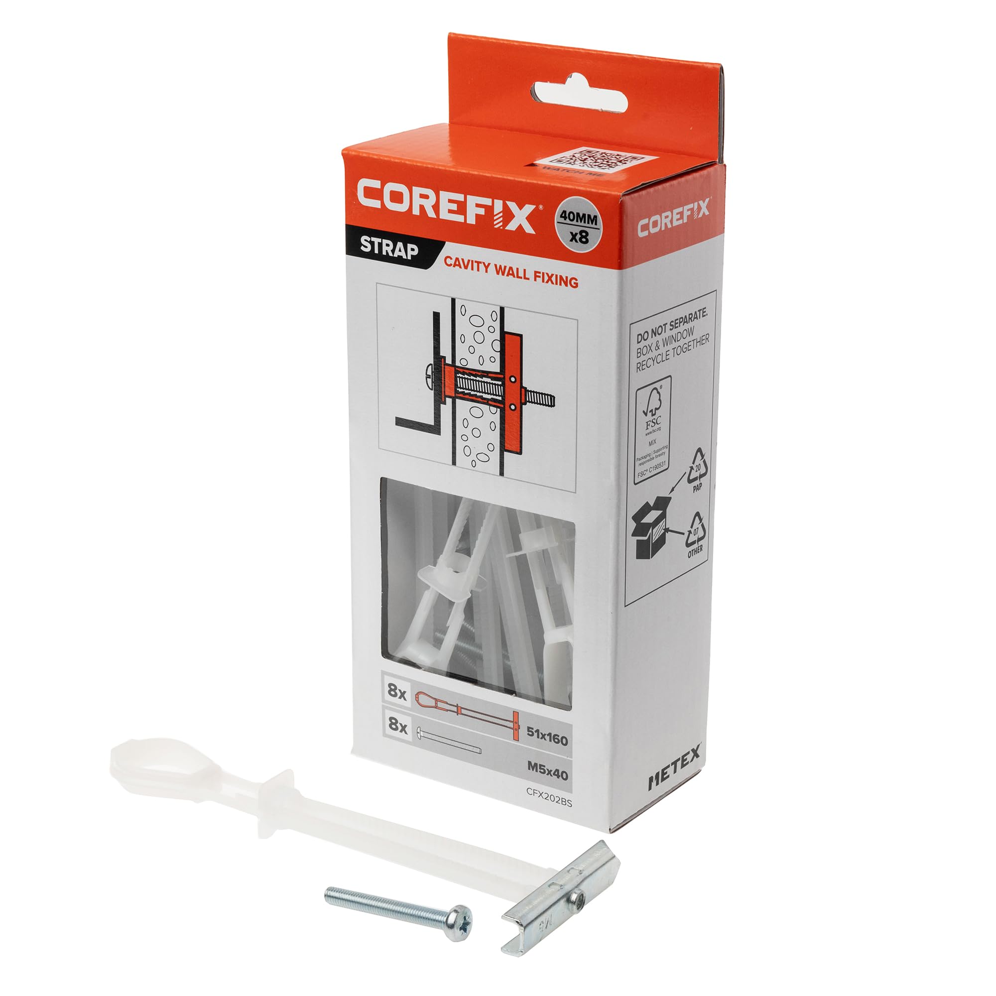 Corefix Strap Cavity Wall Fixing 8 Pack (M5x40mm), Heavy Duty Metal Universal Toggle for Plasterboard, Hollow Brick or Block. Secure Hold, Easy to Install & Adjustable Up to 30mm Deep.
