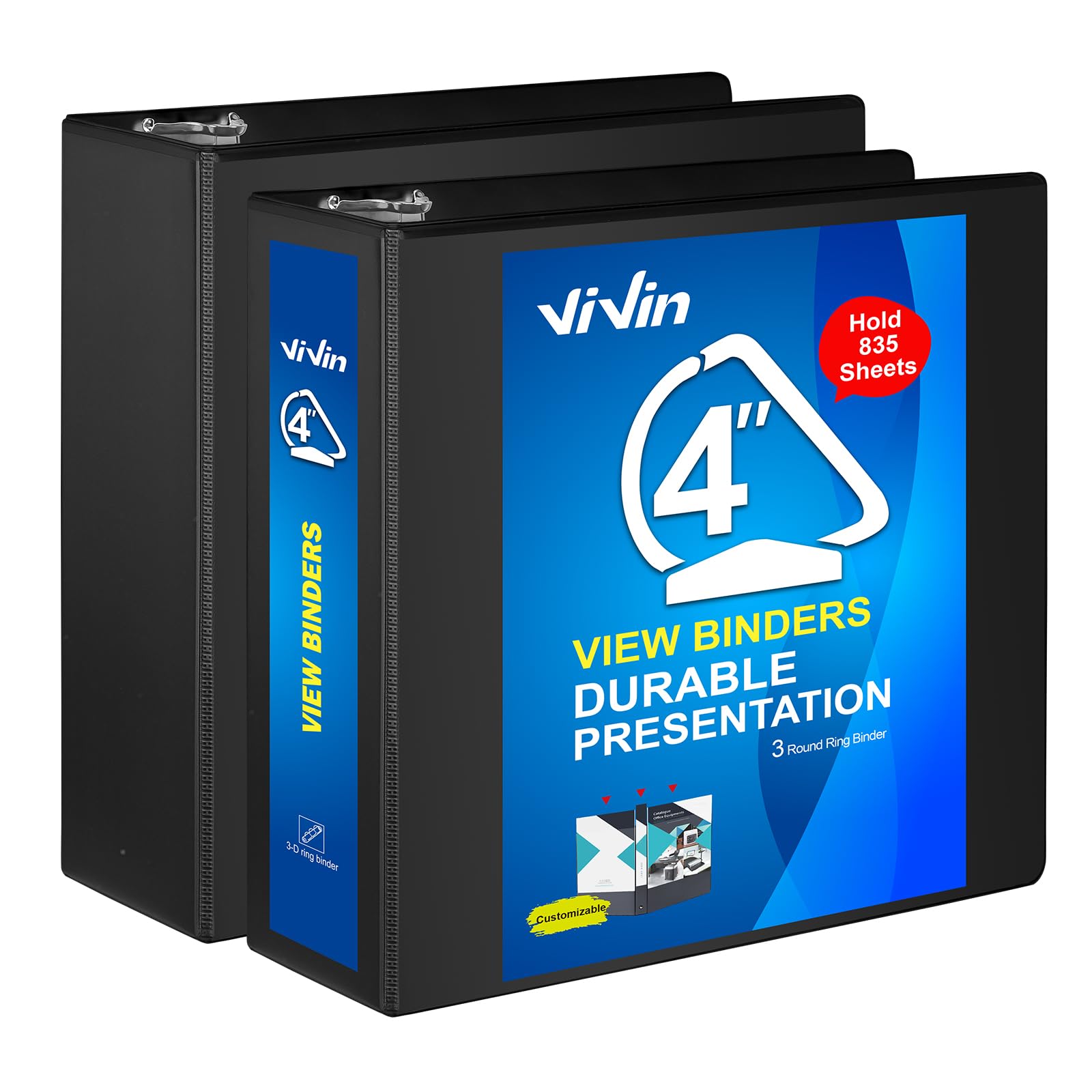 Photo 1 of ViVin Durable 4 inch D Ring View Binder, Large 4" Slant-D Ring with 835-Sheet Capacity, Fit 8.5" x 11" Paper, 2 Pack(Black)LPNPMER5200985
