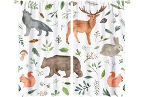 QIONGHAILUANNANSHANGMAOYOUXIANGONGSI Watercolor Animal Blackout Window Curtains, Brown Bear Fawn Rabbit Wolf Pine Woodland Animals Rod Pocket Curtains, for Living Room 72x63in 2 Panels