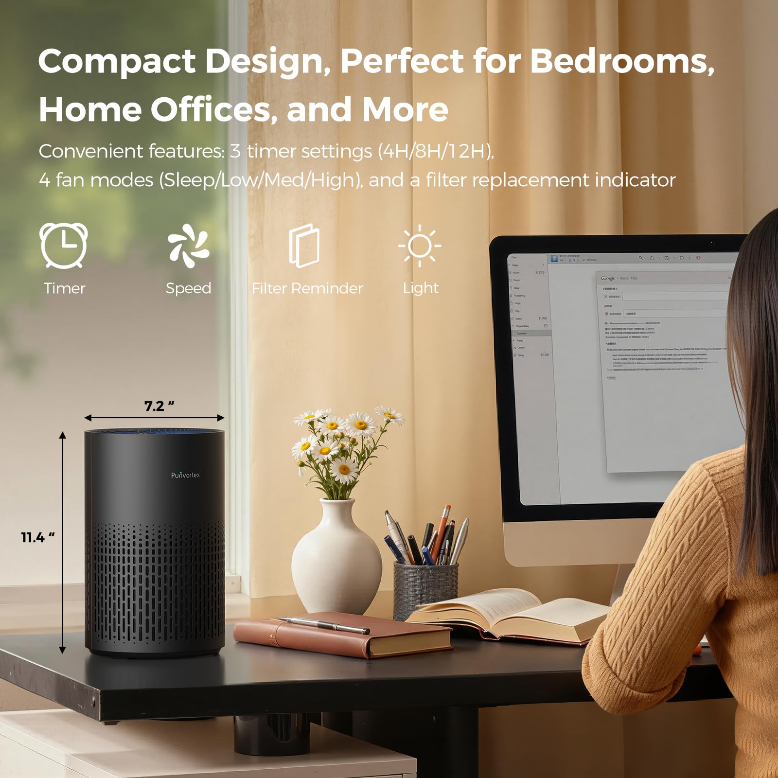 Purivortex Air Purifiers for Bedroom, Quiet Air Purifier with HEPA Filter for Pollen, Smoke, Dust, Pet Dander, Odor, Hair, Ozone Free, Covers Up to 880 Sq Ft, AC400 Black