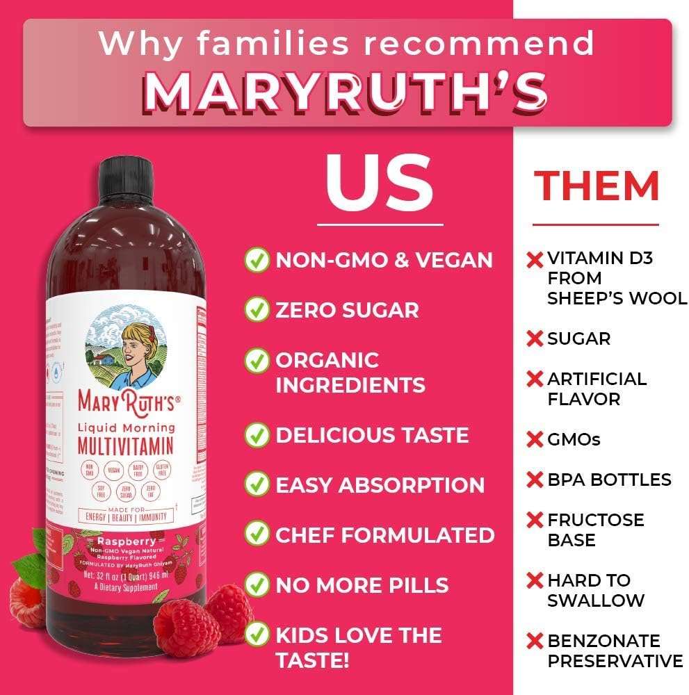 Morning Liquid Vitamins by MaryRuth's (Raspberry) Vegan Multivitamin A B C D3 E Trace Minerals & Amino Acids for Energy, Hair, Skin & Nails for Men & Women - Paleo - Gluten Free - 0 Sugar - 32oz: Health & Personal Care