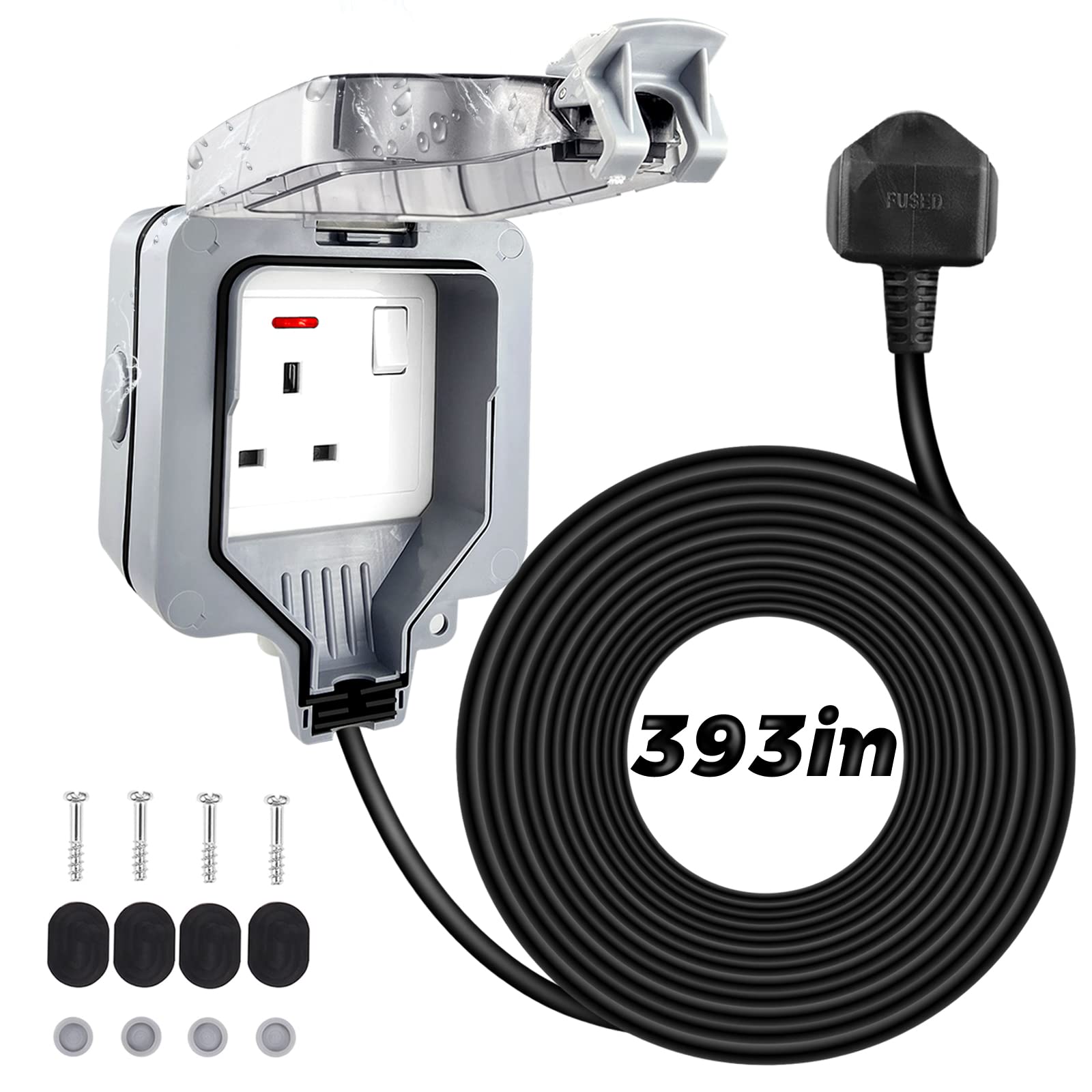 1 Gang Weatherproof Outdoor Socket with 10m/32FT Extension Cable IP66 Waterproof Single Outdoor Socket Wall Electrical Outlets Switched Socket Cover 13A Outside Plug Sockets