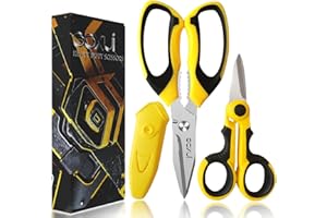 SOXUI 8-Inch Heavy Duty Scissors – Ultra Sharp Stainless Steel Shears with Serrated Edge & Protective Cover, Ideal for Cardboard, Wire, Fabric & More (Yellow)