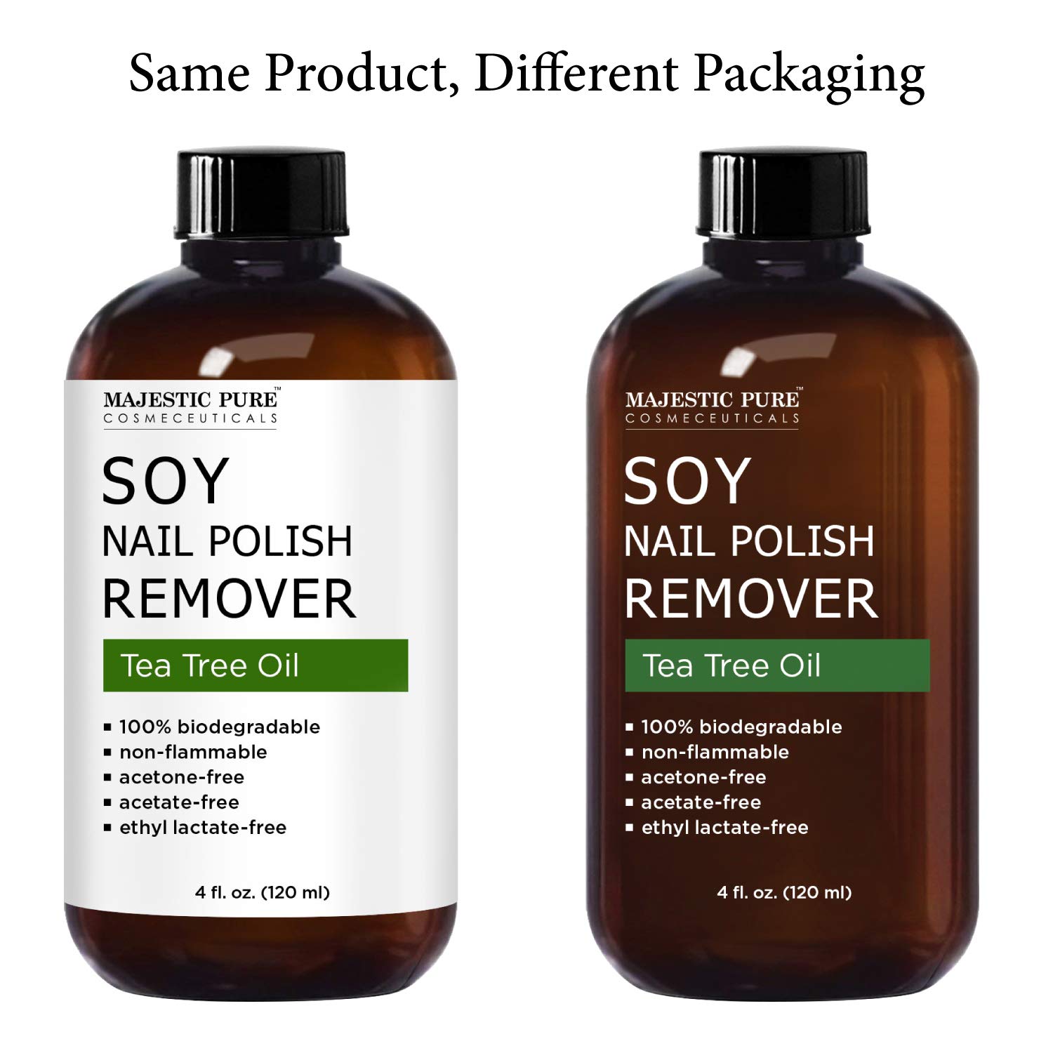 MAJESTIC PURE Soy Nail Polish Remover - Natural Acetone Free for Fingernail - Infused with Tea Tree Oil - Safe, Healthy, Gentle, Strengthening and Non Toxic - 4 fl oz : Beauty