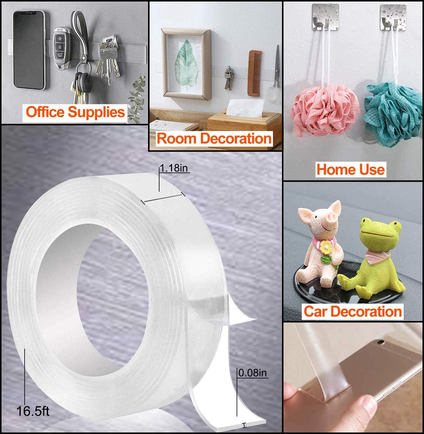 Multipurpose Nano Grip Tape Reusable Removable Washable Double Sided Sticky Strips Seamless Traceless Tape Adhesive Kitchen Holde(1.98IN /9.85FT) : Office Products