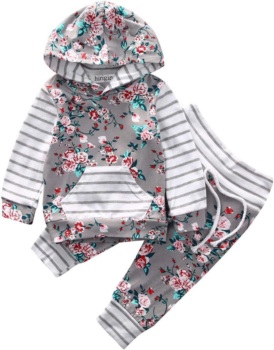 Baby Girl 2pcs Set Outfit Flower Print Hoodies with Pocket Top+Striped Long Pants