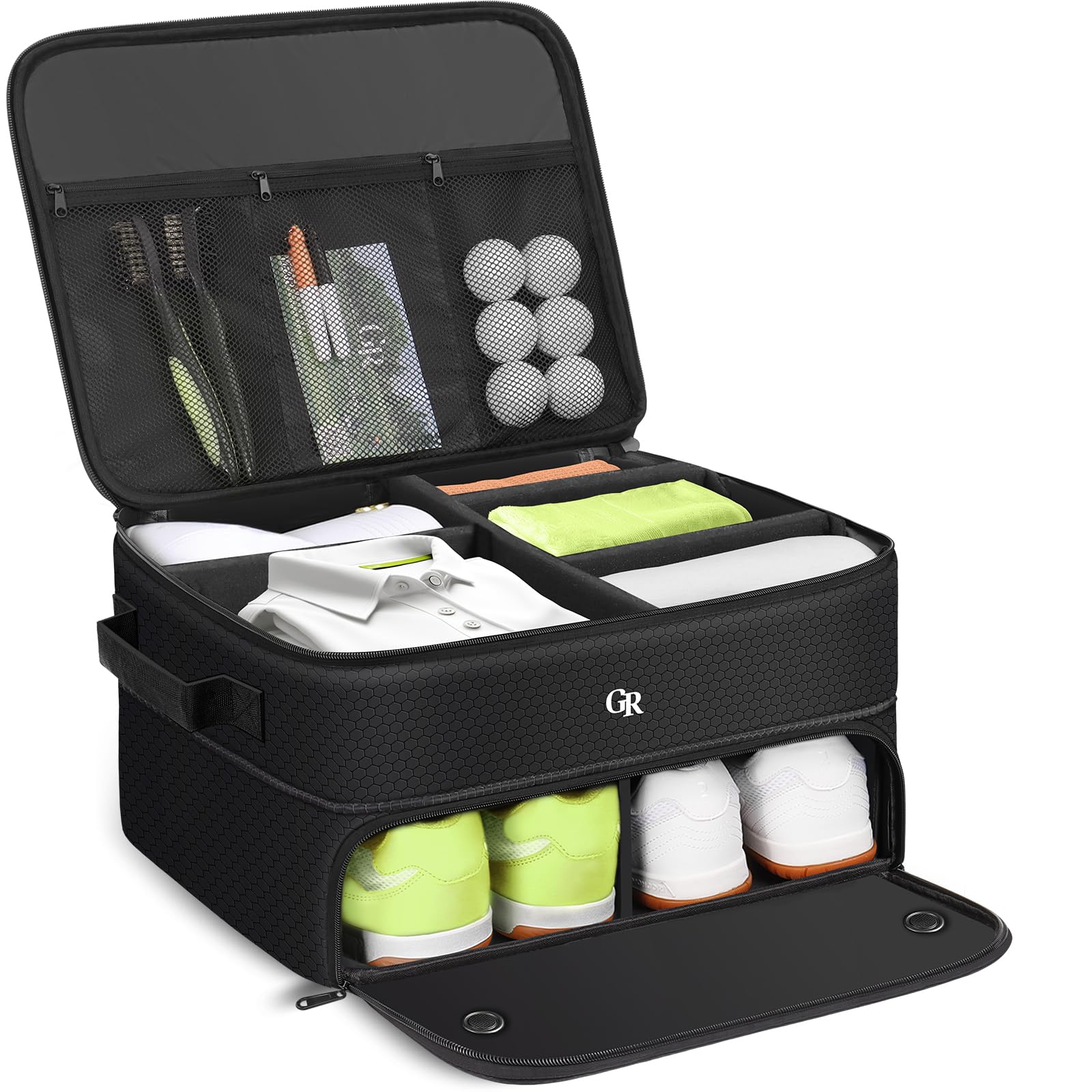 Photo 1 of Odor-Absorbing 2-Layer Large Golf Trunk Organizer with Activated Carbon Fabric - Water-Resistant Golf Shoe Bag for Shoes Balls Tees Clothes Gloves Golf Accessories, Fathers Day Dad Gifts for Men