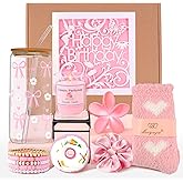 Birthday Gifts for Teen Girls, Happy Birthday Gift Basket for Women, Cute Valentines Day Pink Gifts Basket for Teenage Girl Sister Friend Daughter Niece, Bow Glass Cup for 15+ Year Old Girl Gifts