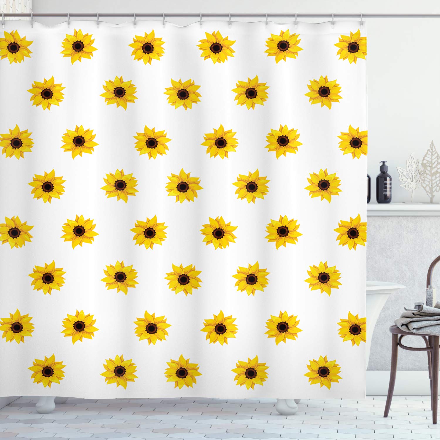 ABAKUHAUS Sunflower Shower Curtain, Sunflower Pattern on a White Background Vibrant Nature Elements Simple Seasonal Art, Cloth Fabric Bathroom Decor Set with Hooks, 175 x 200 cm, Yellow White