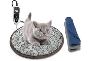 HYDGOOHO GOLOPET Cat Heating pad Round-D15inches pet Heating pads for cats Waterproof smart thermostat switch, adjustable heated cat bed Chew Resistant Steel Cord,Complimentary Blue + Gray Fabric Cover 1