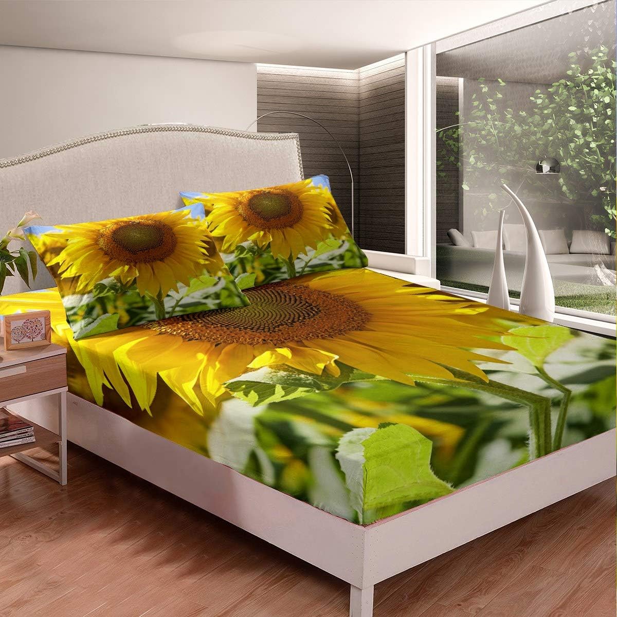 Loussiesd Sunflower Bedding Set Floral Print Fitted Sheet for Kids