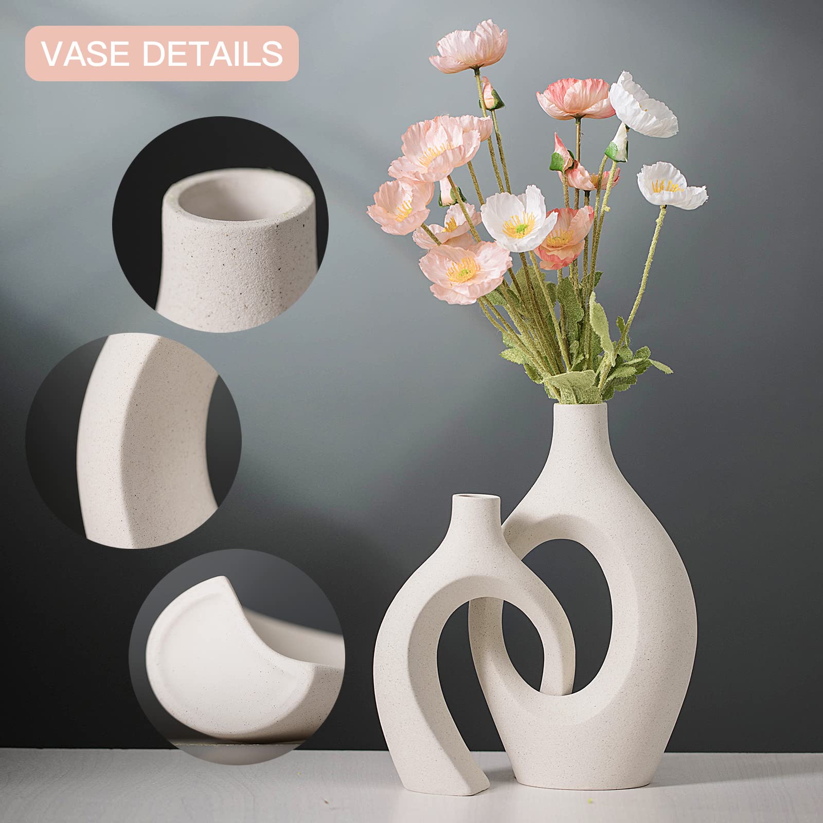 Levvohd XL Beige Ceramic Vase Set of 2 for Modern Home Decor, Eclectic Entryway Modern Boho Hollow Flower Vases for Living Room Bookshelf Dining Coffee Table Centerpiece (W 6.8" X H 11") - Image 6