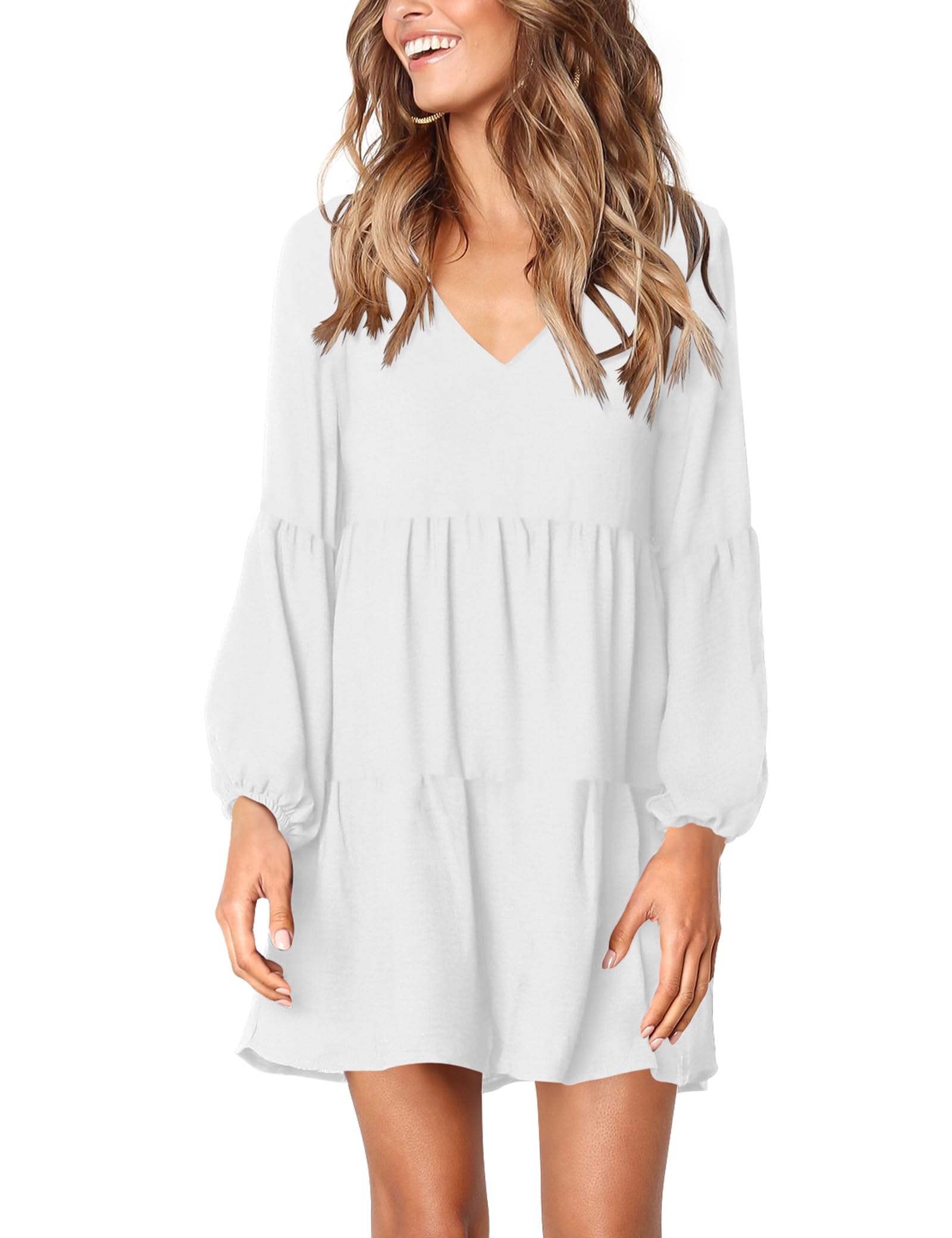 Photo 1 of Amoretu Womens Dresses Casual Swing Ruffle Long Sleeve Tunic Dress, Spring, Summer, 2025 (White, L)