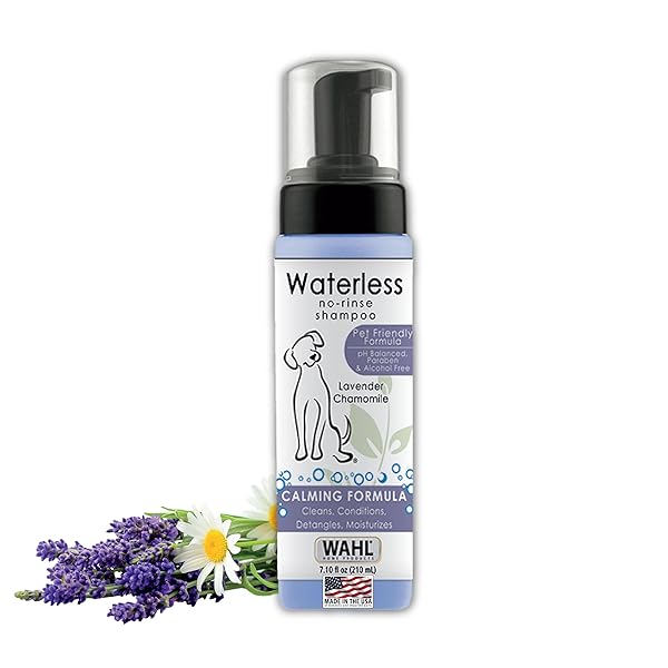 WAHL USA PET FRIENDLY WATERLESS NO RINSE SHAMPOO FOR ANIMALS – LAVENDER & CHAMOMILE FOR CLEANING, CONDITIONING, DETANGLING, & MOISTURIZING DOGS & CATS – 7.1 OZ – MODEL 820014A