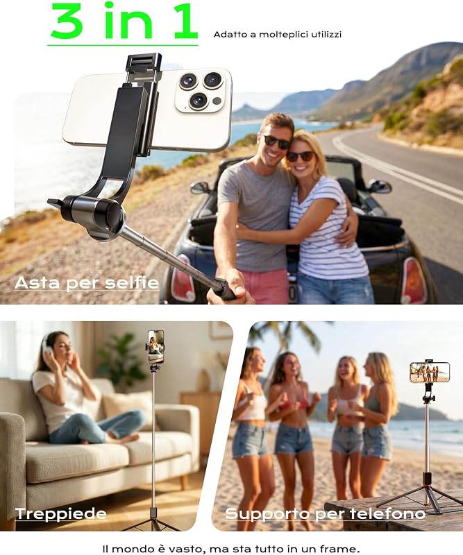Treppiede Smartphone e Bastone Selfie, 170cm Cavalletto per Smartphone Portatile con Telecomando Wireless, Compatibile con iPhone/Android