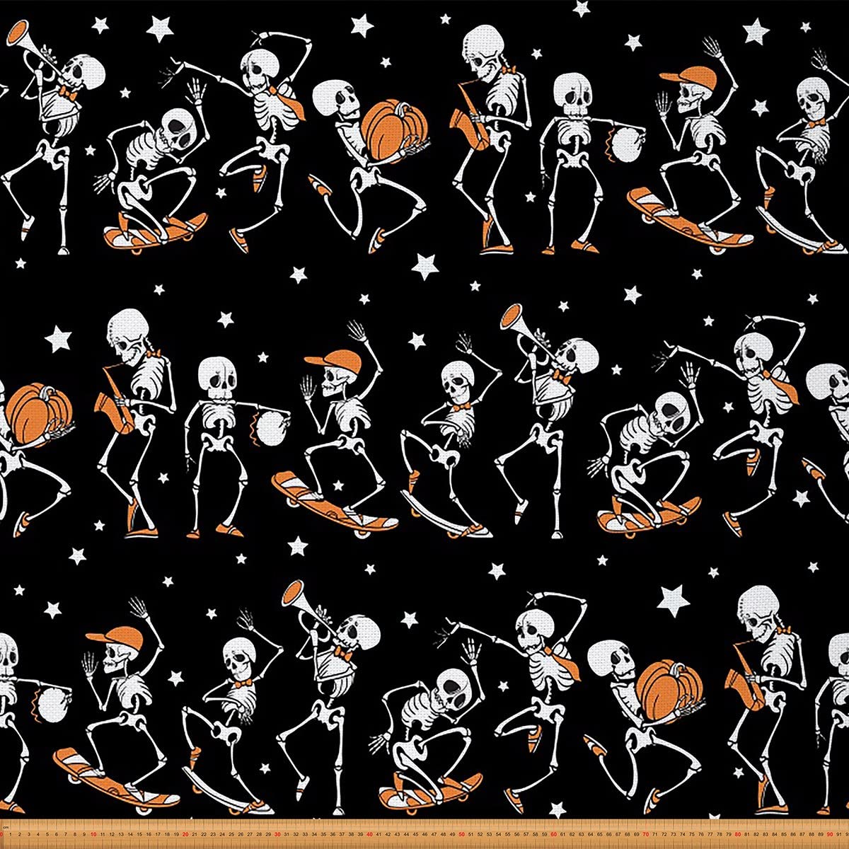 Halloween Fabric by The Yard,Hipster Skull Pumpkins Reupholstery Fabric for Chairs,Skateboard Musician Skeletons Waterproof Outdoor Fabric,2 Yards,(L184*W150cm) Black White