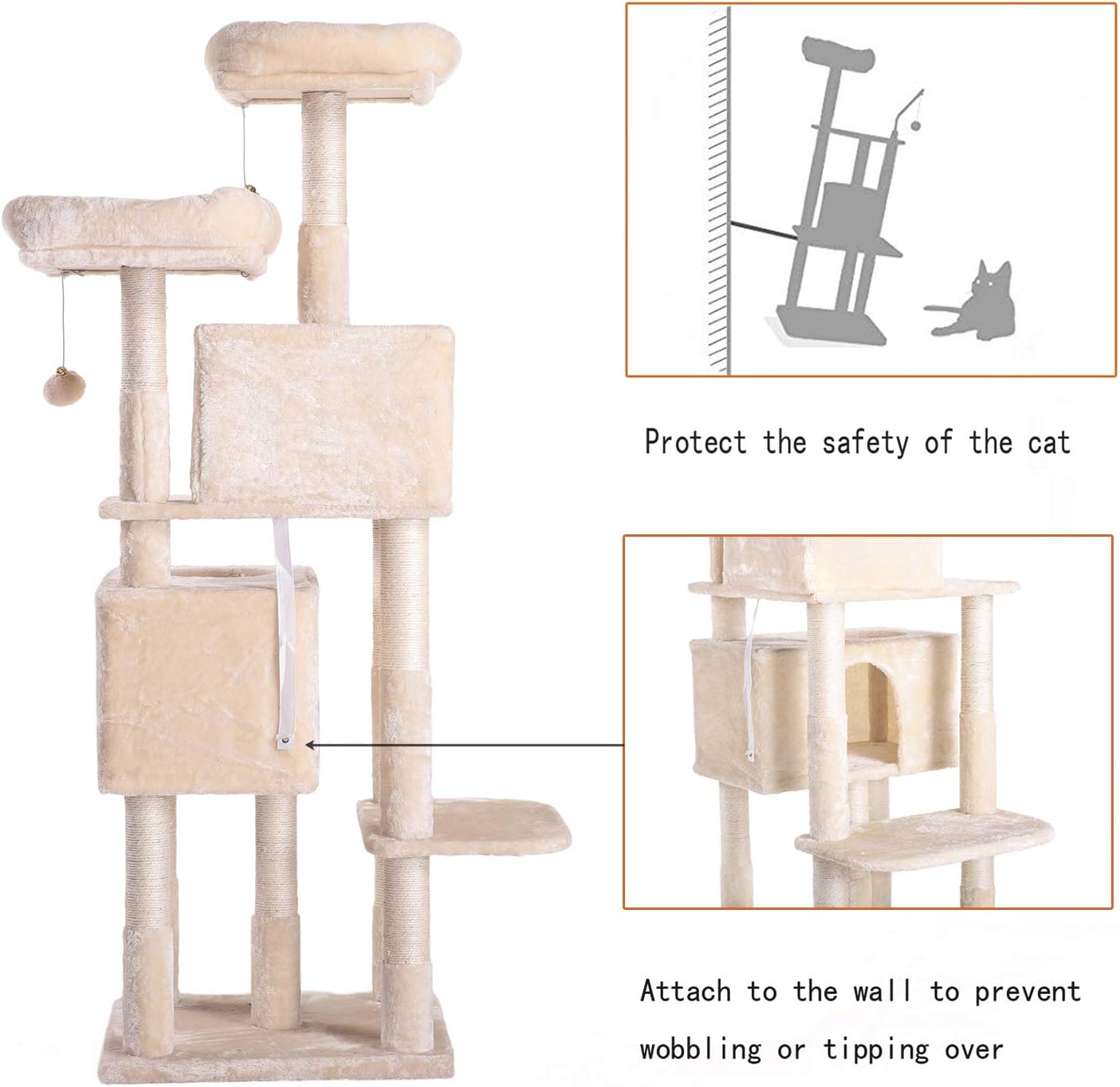 Hey-brother 60 inches Multi-Level Cat Tree Condo Furniture with Sisal-Covered Scratching Posts, 2 Plush Condos, 2 Plush Perches, for Kittens, Cats and Pets, Beige MPJ012M : Pet Supplies