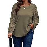 Eytino Womens Plus Size Tops Lace Long Sleeve Waffle T Shirts Casual Crewneck Tunic Tops(1X-5X)