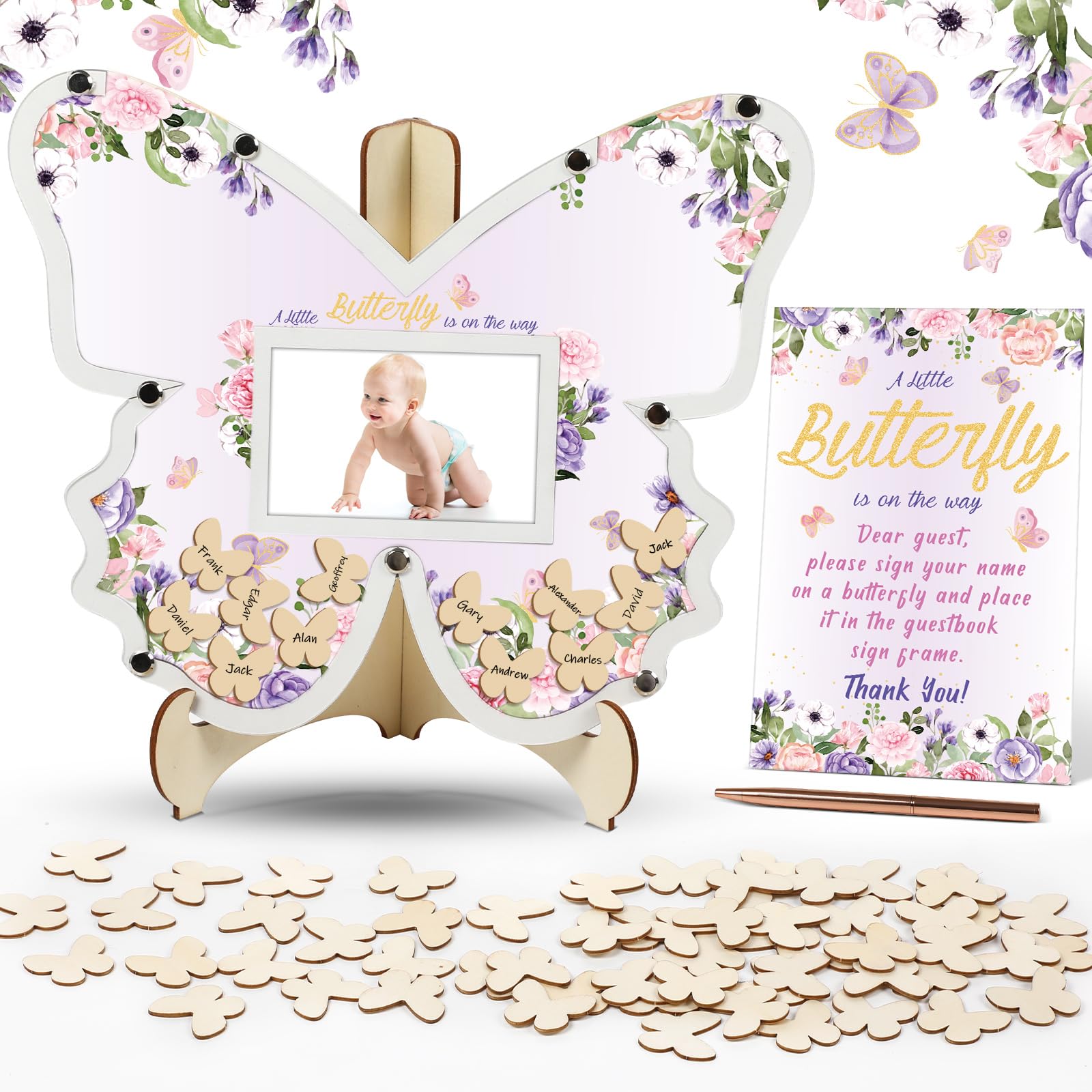 Photo 1 of 64 PCS Butterfly Baby Shower Decorations Guest Book Alternatives for Baby Shower Girl Wooden Baby Shower Sign in Photo Guest Book Baby Shower Picture Frame Keepsakes for Guests Birthday Favors, Purple
