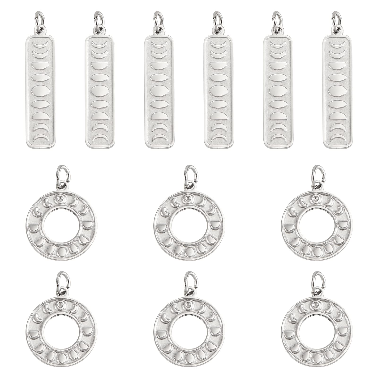 DICOSMETIC 12Pcs 2 Styles Moon Phase Pendants Long Bar Crescent Charms Round Hollow Moon Textured Charms Stainless Steel Moon Phase Charms with Jump Ring for DIY Necklac Jewelry Making