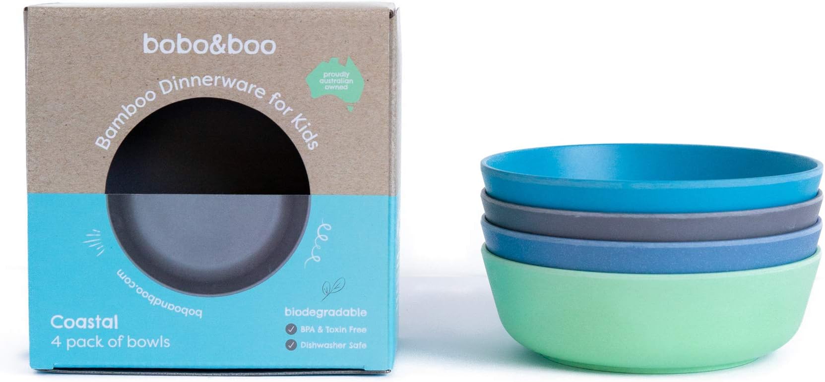 'Bobo&Boo Bamboo Kids Bowls, Set of 4 Eco Friendly Toddler Bowls. Non Toxic Children’s Dinnerware for Babies & Big Kids. Mix and Match. Great Gift for Baby Showers & Birthdays, Coastal