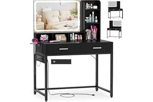 CYCLYSIO Small Vanity Desk, Vanity Desk with Mirror and Lights, Makeup Vanity Desks with Power Strip, Vanity Table with Drawers and Shelves, Adjustable Lighting, Dressing Table for Bedroom Room, Black