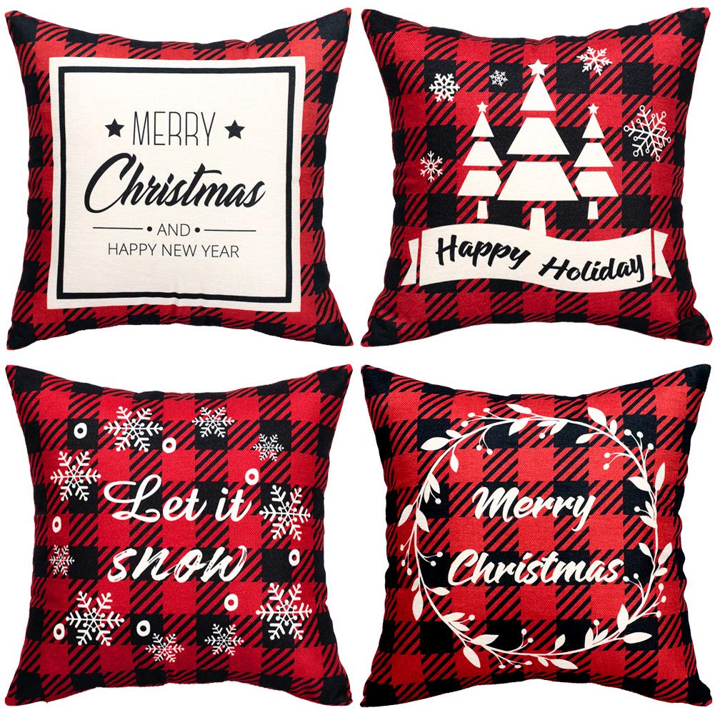 Christmas Pillow Covers 4 Decorative Pillow Covers 18x18 Linen Red Plaid Throw Pillow Covers Xmas Santa Holiday Pillow Covers 4pc Christmas Pillowcase