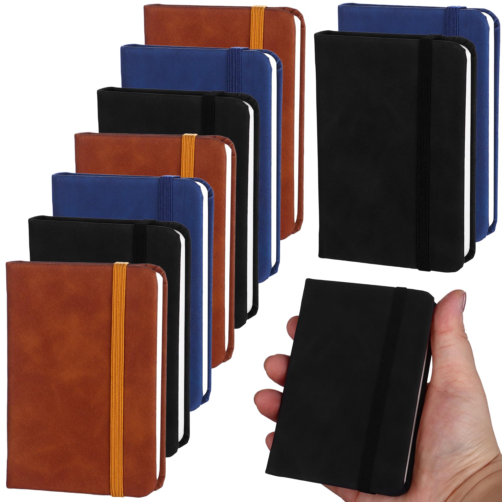 10 Pack Pocket Notebook Portable A7 Notebooks with Elastic Band Lined Paper Notepad 200 Pages 100 Sheets Soft Durable PU Leather Cover Memo Notebook Bulk for Office School Travel(blue, black, brown)