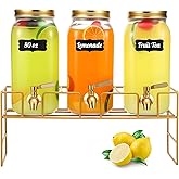 RimCereal 3 Pack 80 oz Glass Beverage Dispenser with Stand Clear Mason Jar Water Dispenser for Party, Fridge Includes Leakproof Stainless Steel Spigot, Black Lid and Label (Gold)