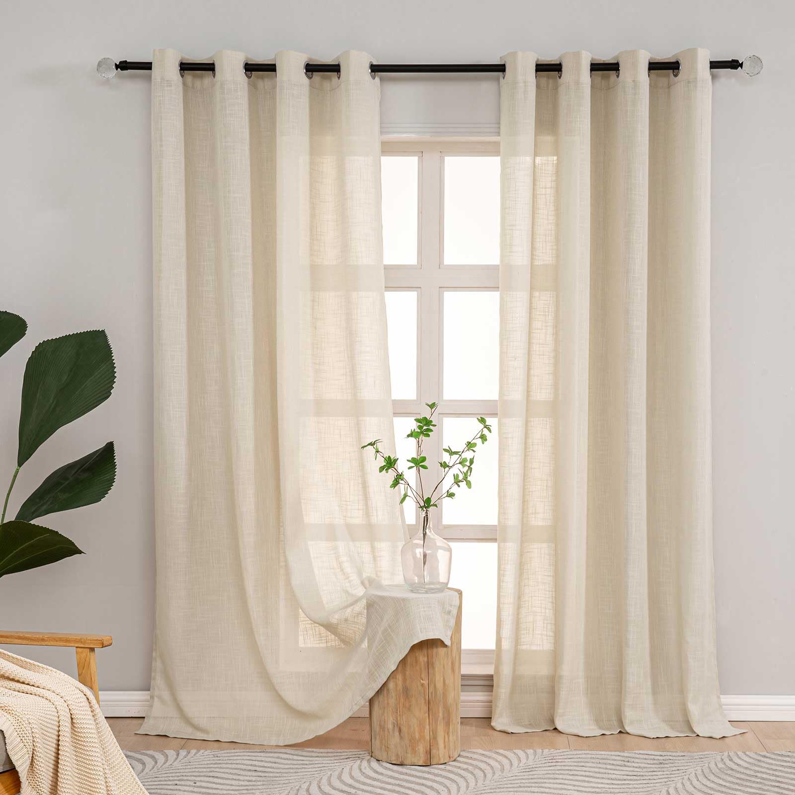 L.Z.E Curtains Beige Semi Sheer, 84 Inch Drop Linen Look Curtain for Living Room Bedroom Windows, Heavyweight Mesh Sheers with Eyelet, 2 Panels Pack Net Drapes, 215 cm Long Textured Plain