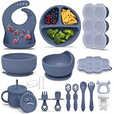 Hepotk 16PCS Silicone Baby Feeding Set, All-in-One for Starting Solids | Fruit feeder and multi-size freezer tray, BPA-free, Suction bases, Dishwasher &amp; microwave safe, 6 month+