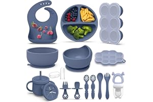HEPOTK 16 Pack Silicone Baby Feeding Set, BPA-Free Baby LED Weaning Supplies, Include Suction Plates, Baby Bowls, Silicone Fork & Spoon, and More, First Stage Baby Food Eating Utensils - 6+ Months(Blue, 16)