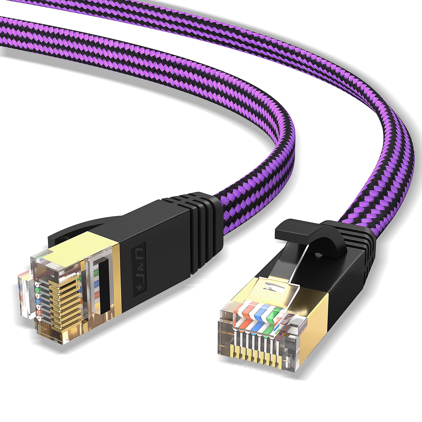 J&D Cat 7 Ethernet Kabel, Flaches Design High-Speed Nylon Geflecht LAN Netzwerkkabel, 10 Gbps 600 MHz Kompatibel für Gaming PC, PS5, Xbox, Modem, Router, Niedrige Latenz, 15 M