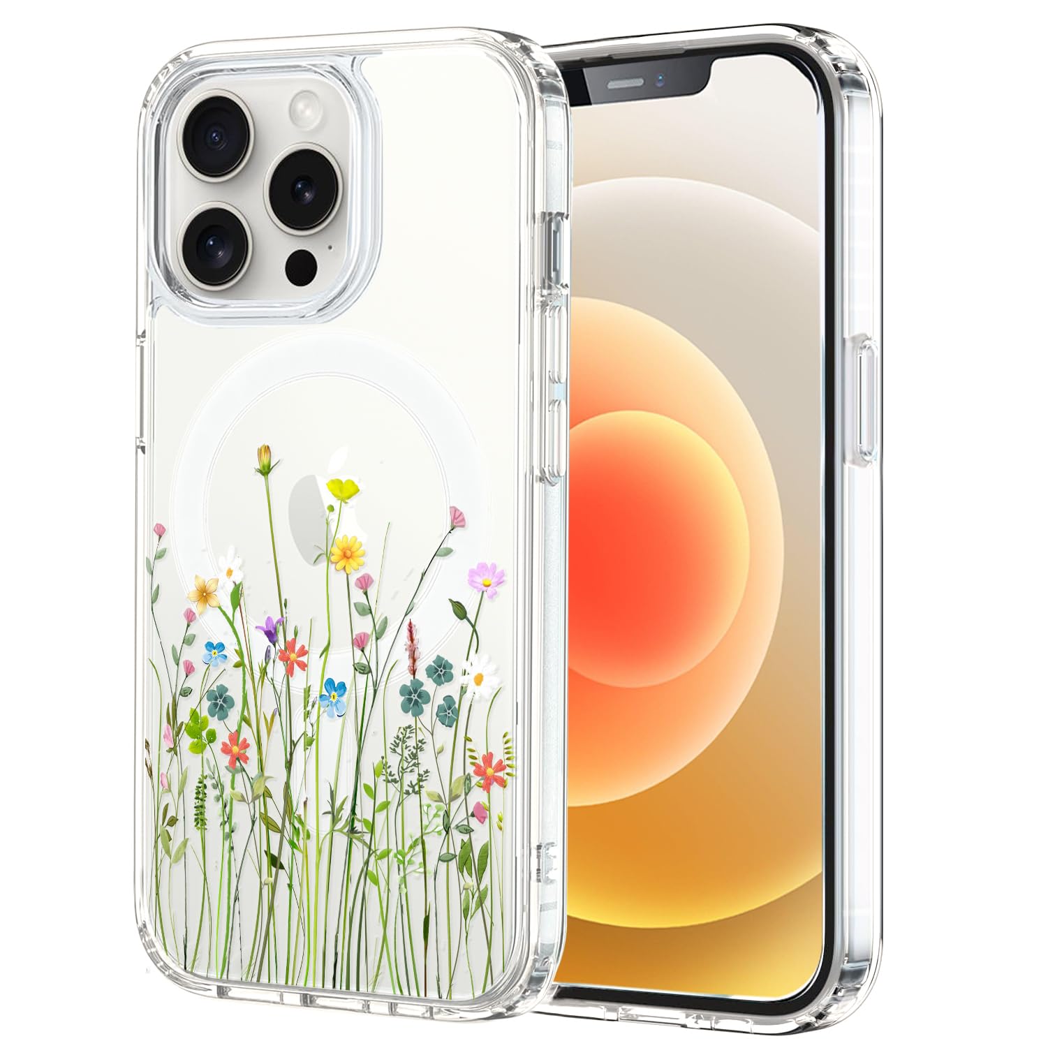 Unov Case Compatible with iPhone 15 Pro Case Magnetic Clear with Design Compatible with MagSafe Slim Protective Soft TPU Bumper with Hard PC Back Embossed Pattern (Flower Bouquet)