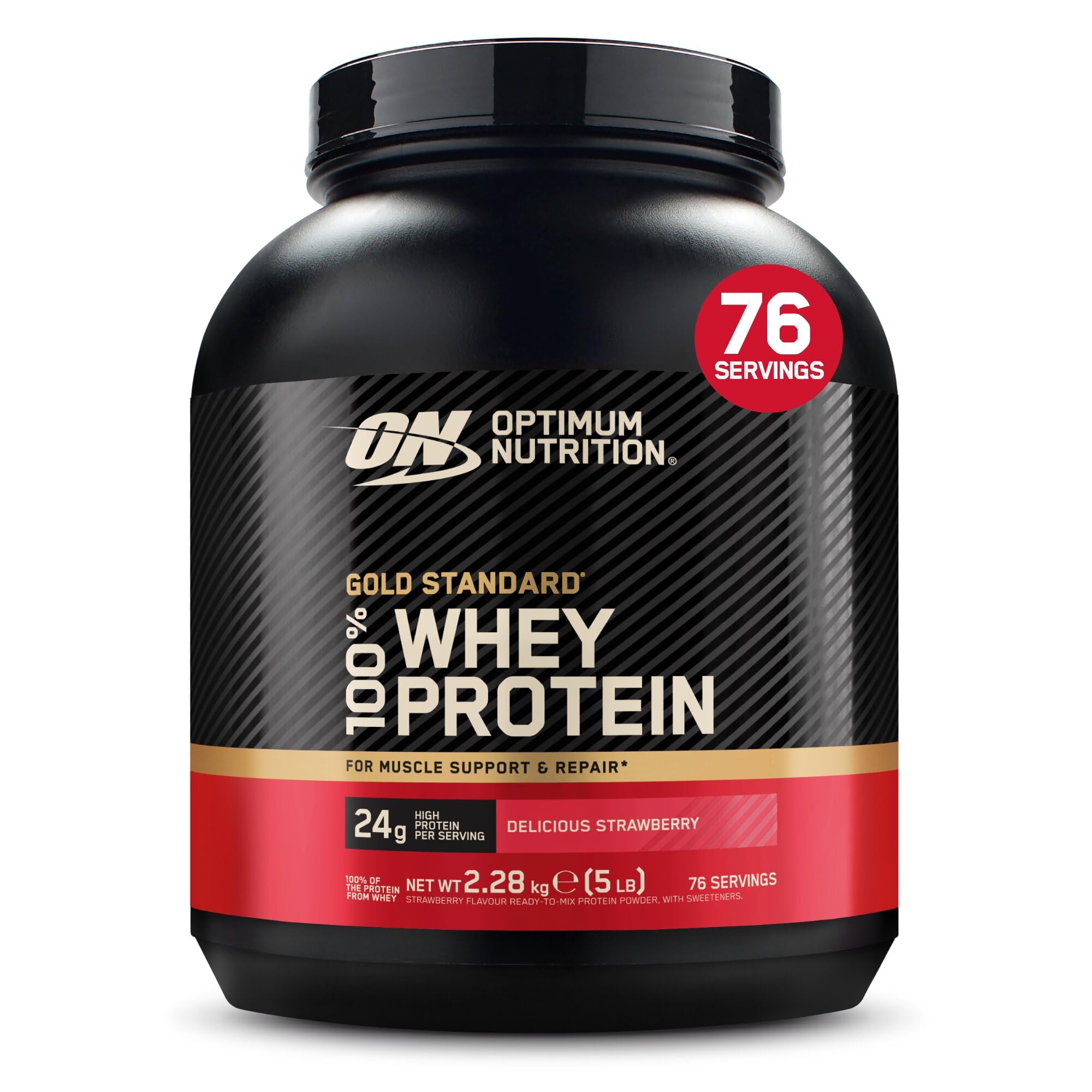 Optimum Nutrition Gold Standard Whey Muscle Building and Recovery Protein Powder With Naturally Occurring Glutamine and Amino Acids, Delicious Strawberry, 76 Servings, 2.28kg, packaging may vary — image 1