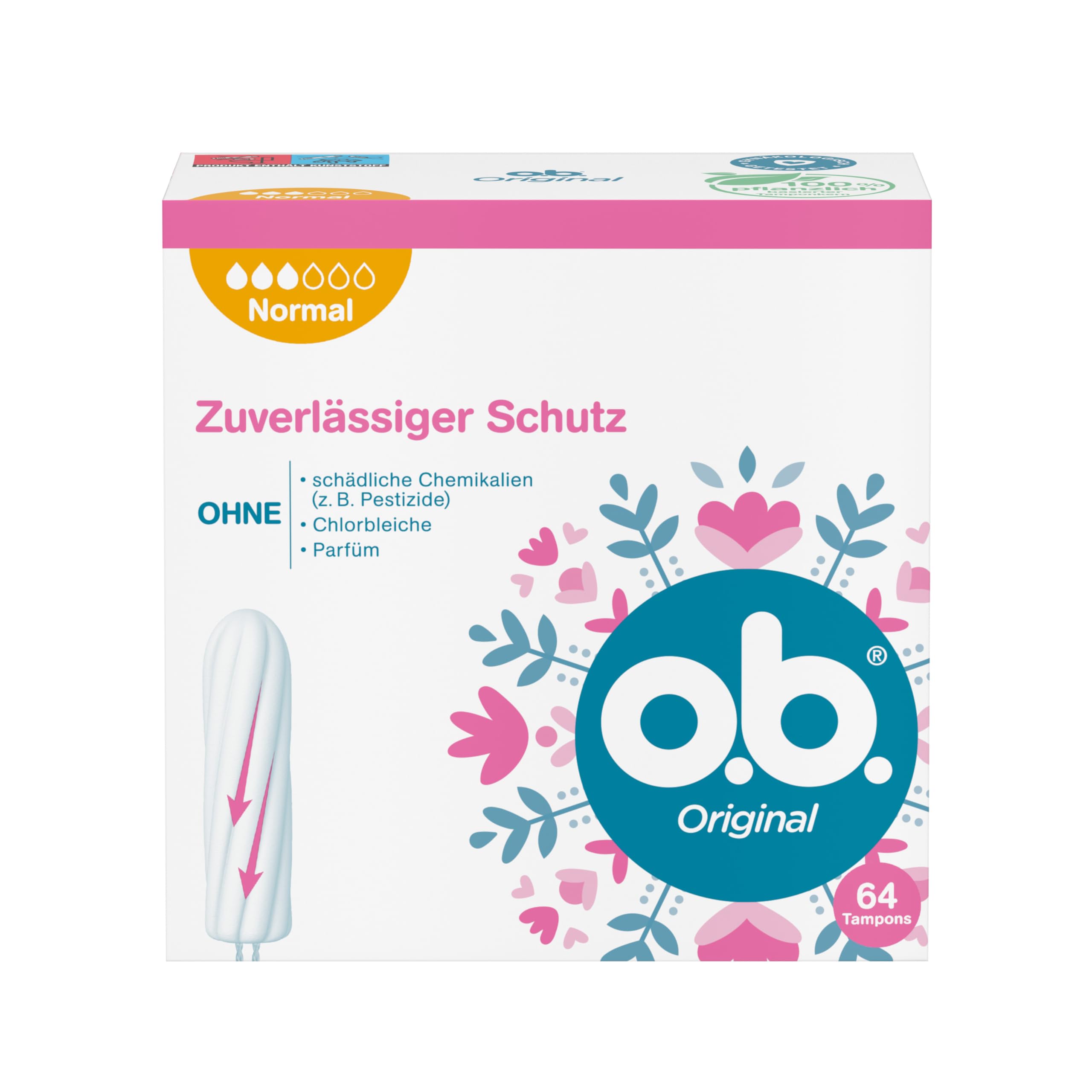 o.b. Original Normal, Tampons für mittlere/stärkere Tage, StayDry Technologie und geschwungene Rillen, zuverlässiger Schutz und sauberes Gefühl 64 ST