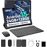 HiGrace 2025 Latest Upgraded Android 15 Tablet 10 Inch, 24GB+128GB+1TB Expand, WiFi 6 BT 5.4, Type-C Fast Charging, Dual Camera, Widevine L1 HD IPS Screen with Keyboard