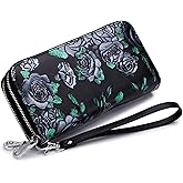Genuine Leather Double Zipped Wallet Wristlet for Women, RFID Blocking Double Zipped Floral Hand Painted Embossed Large Capacity Clutch Purse (Double Zipped - Silver Rose)