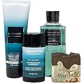 Bath & Body Works Men's Collection Freshwater 3 Piece Bundle - Body Cream - 3-in-1 Hair, Face & Body Wash - Deodorant - with a Cabin Spice Bar Soap - Full Size