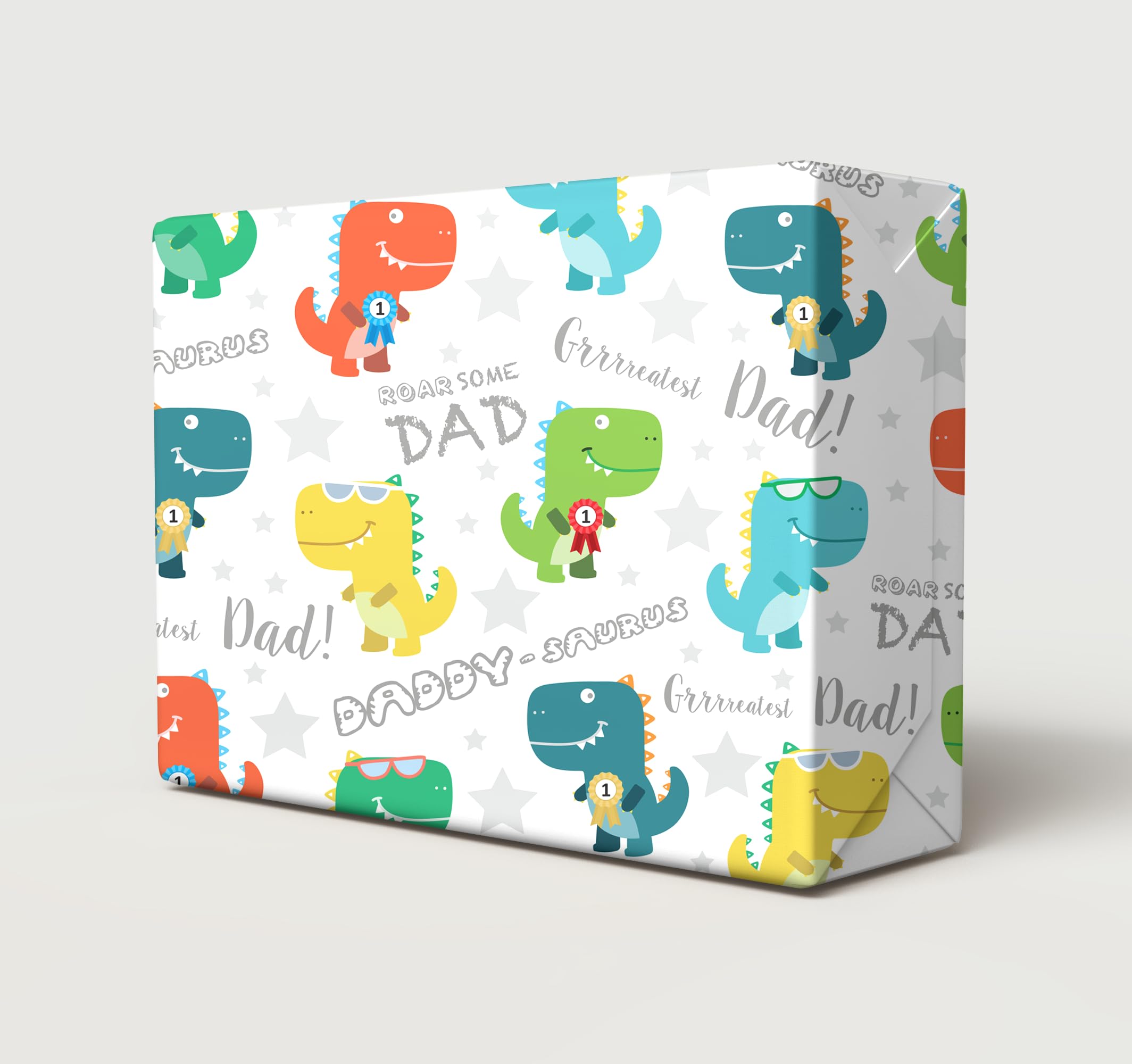 2 Sheets 2 Gift Tags Father's Day Dinosaurs Design Wrapping Paper Multi Colour Dad Daddy Gift Wrap (PA)