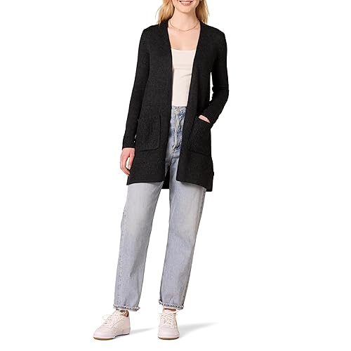 Amazon Essentials Women's Long-Sleeve Jersey Stitch Open-Front Cardigan, Black Heather, X-Small