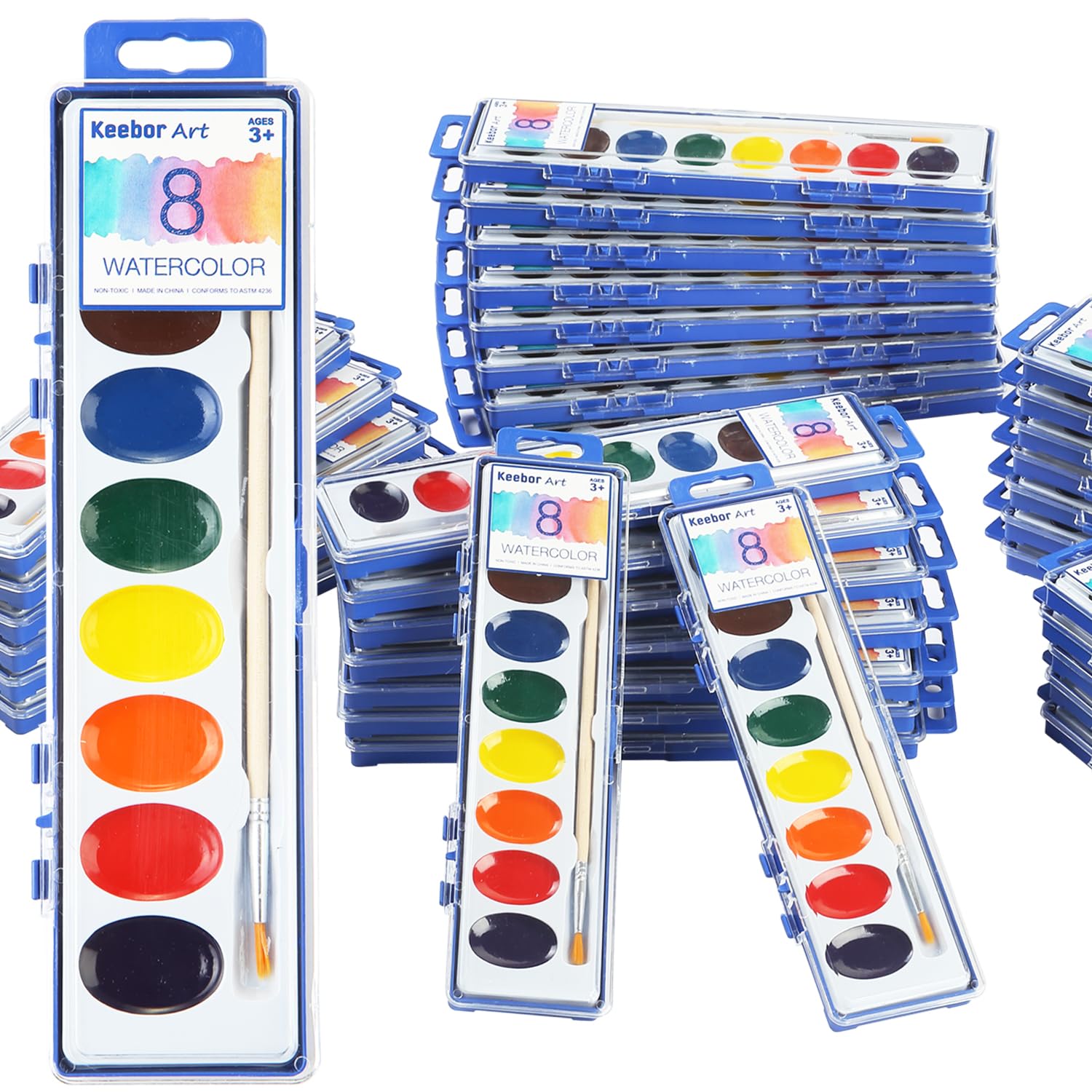 Photo 1 of Keebor 8-Color Watercolor Paint Set for Kids, 36 Pack Washable Watercolors Bulk for Party Favors, Gifts, Classroom Supplies (Wooden Paintbrushes Included)