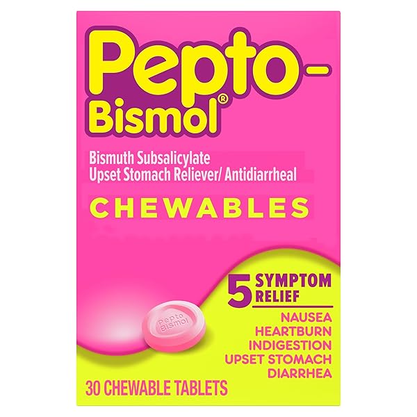 PEPTO BISMOL CHEWABLE TABLETS, UPSET STOMACH RELIEF, NAUSEA RELIEF, HEARTBURN RELIEF, INDIGESTION RELIEF, ANTI DIARRHEA MEDICATION FOR ADULTS – 5 SYMPTOM RELIEF, 30 CT