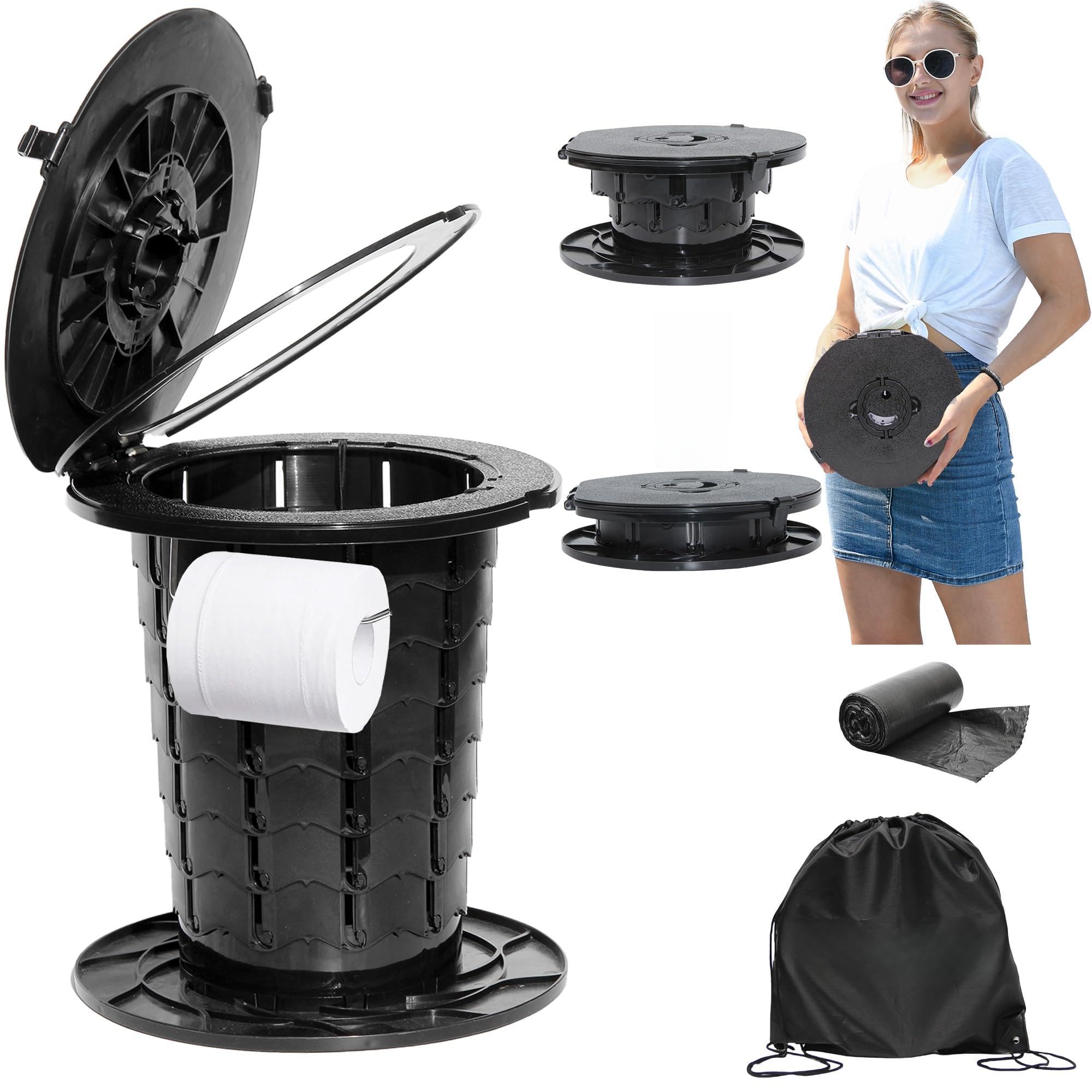 ALEVMOOM Upgrade Tragbare Toilette für Erwachsene Falttoilette Reise-Toilette mit weiblichem Urinalgerät, Einstellbare Höhe Camping Toilette Tragbares Töpfchen für Auto Wandern Strand (Schwarz)