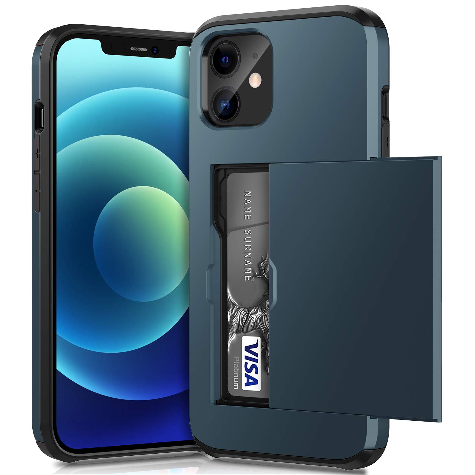 ACOCOBUY for iPhone 12 Mini Case with Card Holder Sliding Cover Hidden Pocket IDs Credit Cards Slot Heavy Duty Shockproof Protective Dual Layer Wallet Phone Cover Back Shell Men Women 5.4 inch Navy