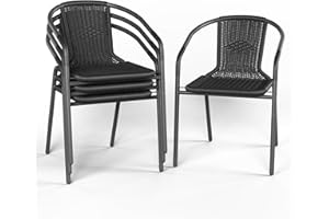 Amopatio Outdoor Dining Chairs Set of 4, Wicker Patio Chairs with Metal Frame, Rattan Indoor-Outdoor Chairs for Bistro, Deck, Yard, Porch, Restaurant Stack Chair 4 Pack Black