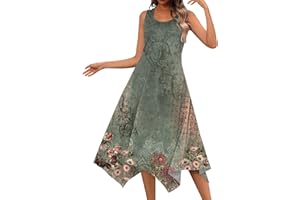 FONMA Summer Spring Dress for Women Casual Fashion Round Neck Sleeveless Dress Printed Slim Fit Irregular Midi Dress