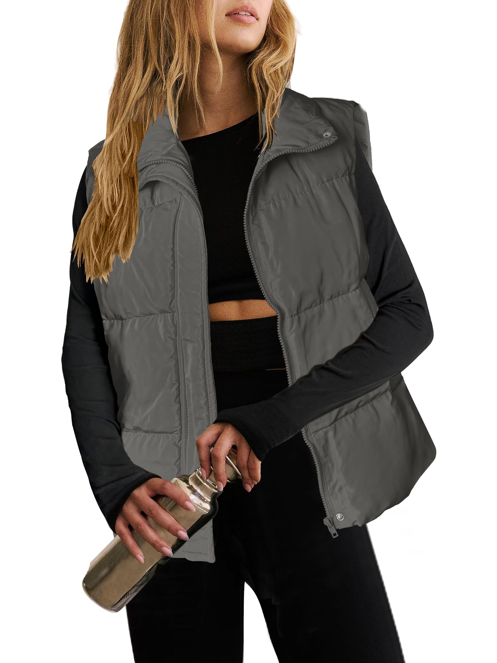 Photo 1 of (medium) Zeagoo Women Puffer Vest Lightweight Stand Collar Sleeveless Winter Warm Zip Up Padded Outerwear Jackets with Pockets Dark Grey S